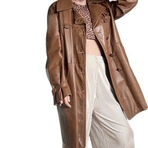 Vintage 90s Dark Brown/Tan Leather  Full Trench Coat  Unisex Oversized